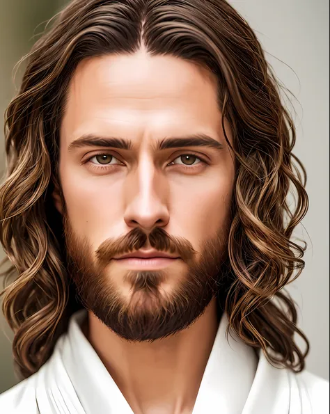 (symmetry),centered,a ((close)) up portrait,(jesus),a very thin white man with long hair and a beard,wearing a long white robe,3...