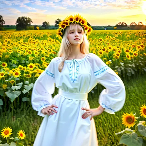 it's a beautiful photo、with a majestic blue sky and majestic clouds in the background、hall with hands on hips々young ukrainian gi...