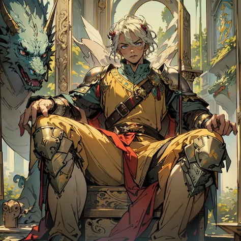 1 man, male focus, big sword beside him, armor, sheath, pectorals, scabbard, shoulder armor, full body, bound hair, jewelry, muscular,his eyes wide open in anger, (sitting on the king chair), dragon on the back, high definition, best quality, ultra-detaile...