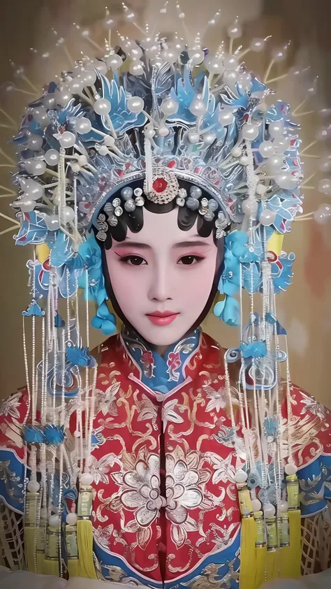 close-up of a woman in a red and blue dress and headdress, beijing opera, chinese empress, chinese traditional, china princess, ...