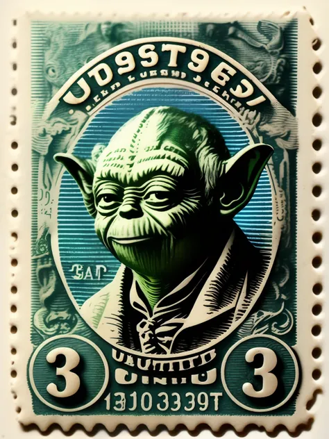 vintage United States Postage Stamp, 3 cent stamp, Master Yoda using the force, green ink, line engraving, intaglio