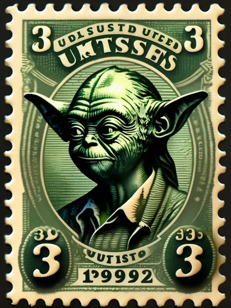 vintage United States Postage Stamp, 3 cent stamp, Master Yoda using the force, green ink, line engraving, intaglio