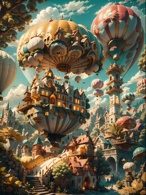 fairytaleai airship, hot air balloon, airship zonaiiai,, ao ar livre, nuvens,, obra-prima, trend, 8k, the scene includes magical...