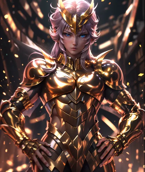 ultra-high saturation，（tmasterpiece）， fully body photo，（best qualtiy）， （1girll）， starryskybackground，wearing shiny gold armor， s...