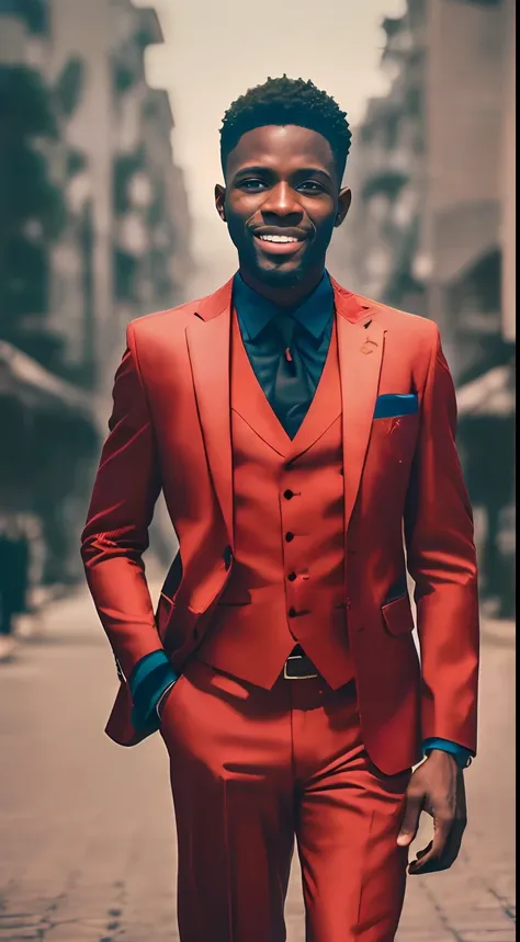 (
    (character: one nigerian man, 30 years old, diplomat, big smile, slim body)
    (clothing: red fine suit, vest)
    (posin...