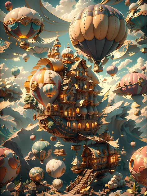 fairytaleai airship, hot air balloon, airship zonaiiai,, ao ar livre, nuvens,, obra-prima, trend, 8k, the scene includes magical...