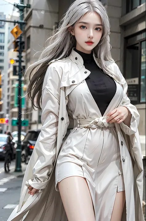 photorealistic, high resolution, 1 girl, hips up, beautiful eyes, white hair, long hair, ringed eyes, white coat, sweather under the coat, black elegant dress