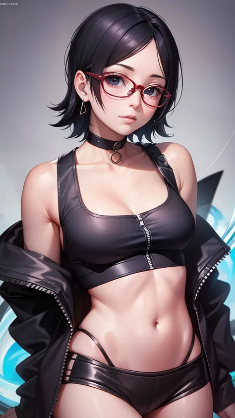 ((Matserpiece)), best quality, highres, Sarada, age up, mature, adult, time skip, sort hair, thin glasses, bare shoulder, black jacket, crop top, black tank top, simple back grounr, sexy pose, black eyes, black hair, close up, earing, collarbone, uchiha sy...