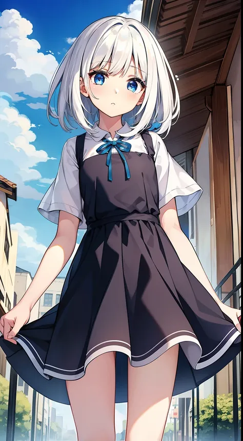 one girl、white  hair、blue eyess、​masterpiece、top-quality、top image quality、cute little、long、summer  dress、shortsleeves、on clouds