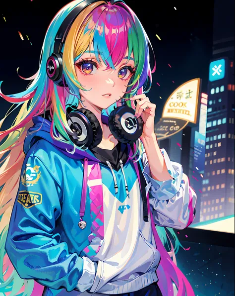 1girl,solo,rainbow hair, hoodie,straight hair, hand in pocket, headphones,