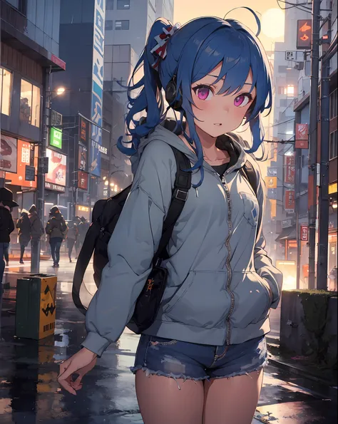 stlouis, side ponytail, 1girl,solo,(flat chest),hoodie,  cowboy shot,headphones around neck,(hand in pocket),outdoors,cyberpunk,...