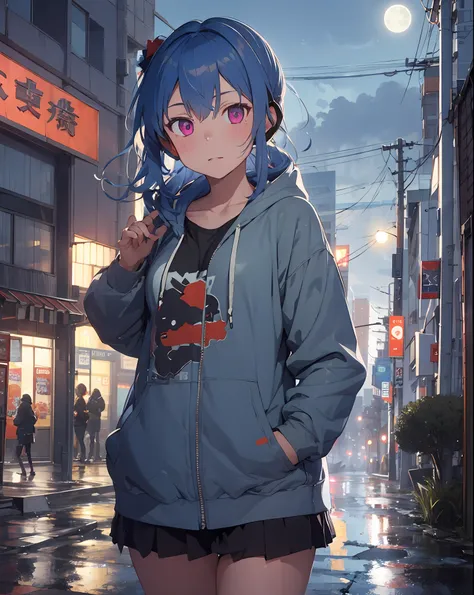 stlouis, side ponytail, 1girl,solo,(flat chest),hoodie,  cowboy shot,headphones around neck,(hand in pocket),outdoors,cyberpunk,...