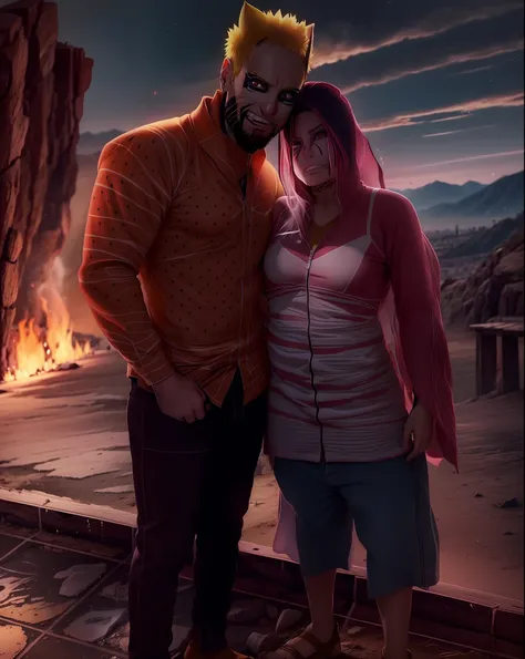Naruto and Sakuras clothes with the headband, Narutos village in the background.