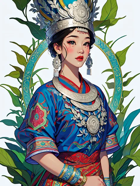 (illustration:1.3)miao girl in hmong costume (by artist anna dittman:1), (((masterpiece))), (((best quality))), ((ultra-detailed...