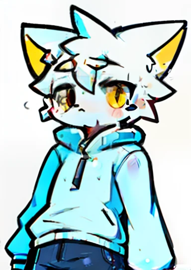 catss，White hair and blonde eyes，Blue and white coat color，adolable，theelementoffire，vivaciousness，Libido boy，underage,Casual sweatshirt，Lively and cute water drop temperament，shorter pants