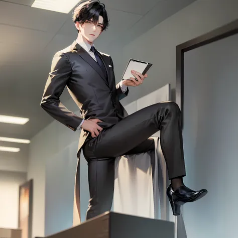 A handsome male god in his twenties,Wear a suit,Sit in a bright office,Do a live stream,There was an electronic screen behind him,It is written on the screen《Tear down the walls in your mind》,The picture is elegant and stylish
