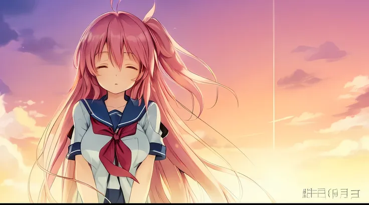 anime, person, person, person, person, long hair, pink hair, clouds, sky, clouds, anime visual of a cute girl, watching the suns...