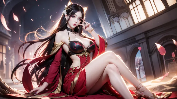 1female  ，Beauty makes people look seductive  ，Around 25 years old，Seductive eyes ， （Extremely high level of makeup ，Pink eyeshadow） ，（Long flowing hair）  ，Wearing（Gorgeous fashion trend modern clothes to wear） ，Nice fingers(（Correct fingers），（Normal human...