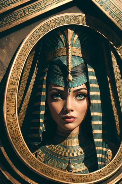 1 adult egyptian woman, green eyes, black-haired flap, makeups , upper half body, looking up at viewer, detailed background, det...