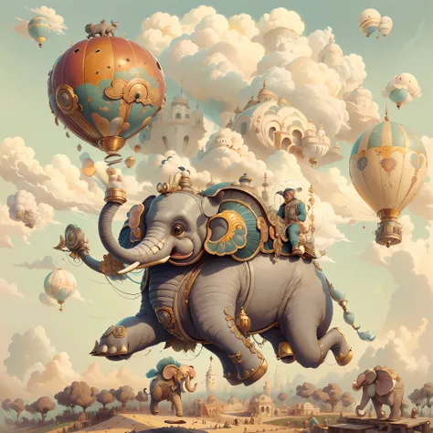 (((melhor qualidade)),, an illustration with an elephant-shaped airship (((elephant flying in the sky))), hot steam balloons, sk...