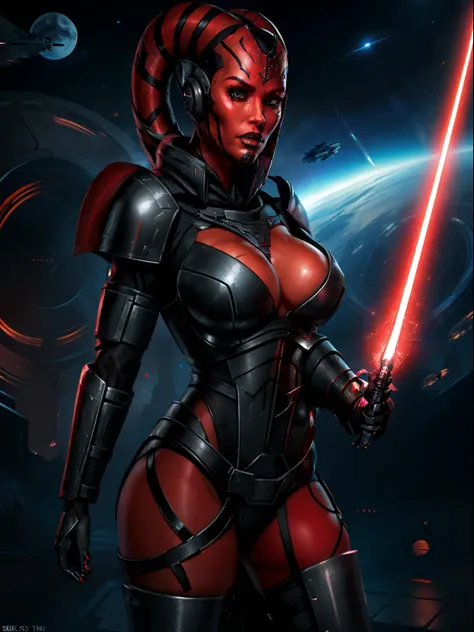 armor, busty, ((red skin), twilek), dual red lightsabers, evil space knight, space ninja, (wearing heavy black armor, robes, black stealth armor, breastplate, tunic, tabard, cowl, cloak, body glove, straps, buckles, skirts, long sleeves, fantasy, ((armor))...