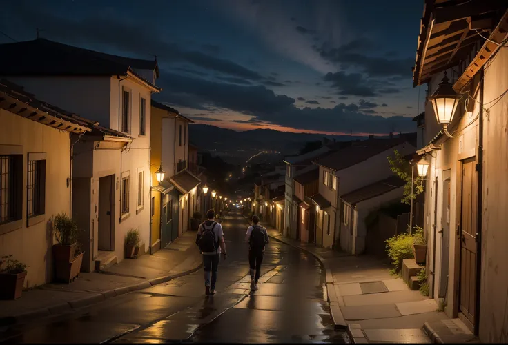 dois jovens amigos caminhado na rua, rear view, noite escura, cidade pequena, casas, postes de madeira, lampadas nos postes, 8k,...