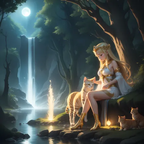 --goddess athena --bathing--in a lake --under the soft moonlight --her radiant skin reflecting the bright moon --golden hair flu...