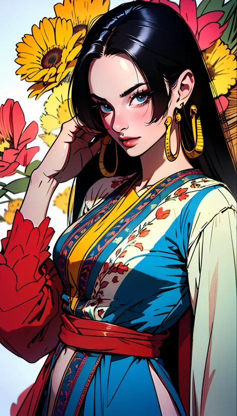 (cowboy shot), (masterpiece), (best quality:1.0), (ultra highres:1.0), highly detailed face and eyes,
BREAK,
BoaHancockV2, black hair, long hair,
belly dance costume, red clothes
BREAK, flowers in background, stars in background
gorgeous view