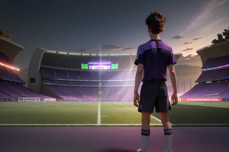 A boy,Face away from the perspective,Stand on the football field,soccer player. the forces of evil, (Goalkeeper uniform:1),(Purple short sleeves:1), (Purple shorts:1), (Realistic:1.2), (Masterpiece:1.2), (full body shot of:1), Light particles, soccer fie...