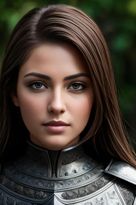 raw masterpiece photo photorealistic, closeup woman with brown hair, knight in an intricate detail armor, detailed background do...