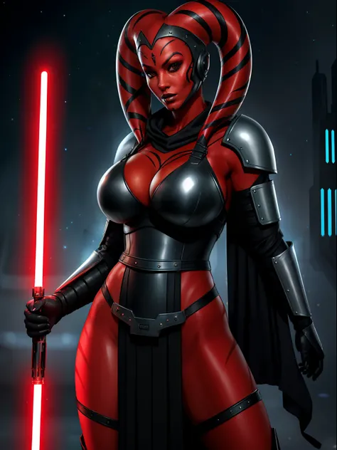 busty, ((red skin), twilek), dual red lightsabers, evil space knight, space ninja, (wearing heavy black armor, robes, black stealth armor, breastplate, tunic, tabard, cowl, cloak, body glove, straps, buckles, skirts, long sleeves, fantasy, ((armor))), ((bu...
