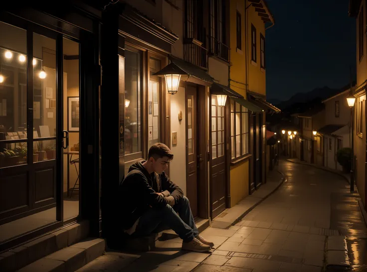 shy and sad young man sitting on the sidewalk,  aerial view, noite escura, cidade pequena, casas, postes de madeira, lampadas no...