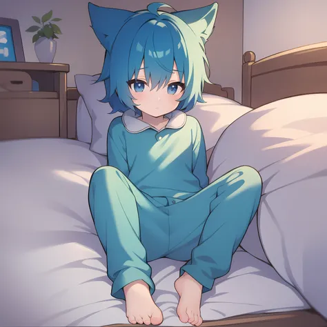 4k), cute 7 year old little boy with small feet and short legs with light blue hair and barefoot and big onesie pajamas, lies on...