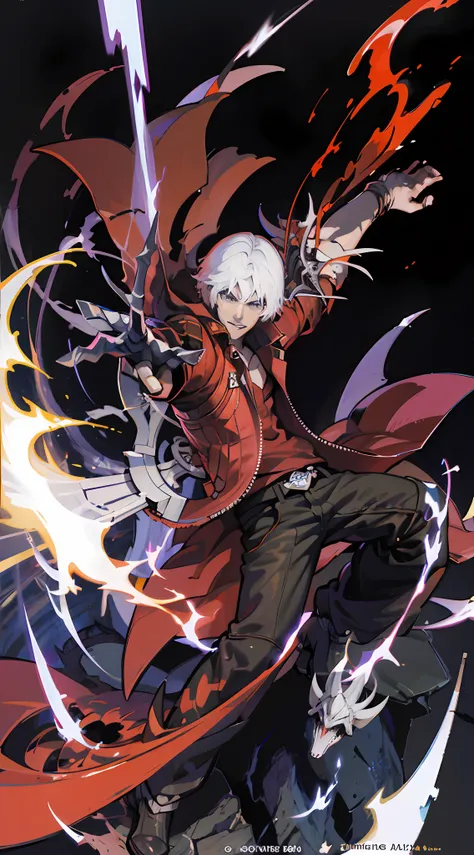 dante, 30 aged, dark and red aura, holding a flaming blade, fire walking, destroied cenary