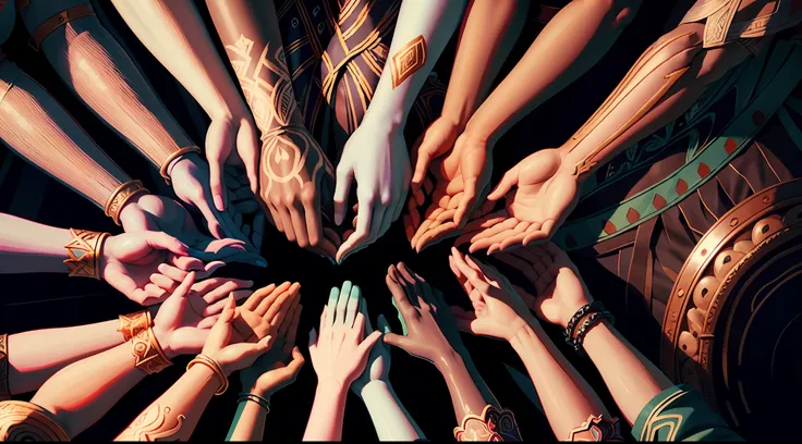 animated hand-drawn style，different countries，different skin tones，group of people，hands in arms，happy together！ --auto