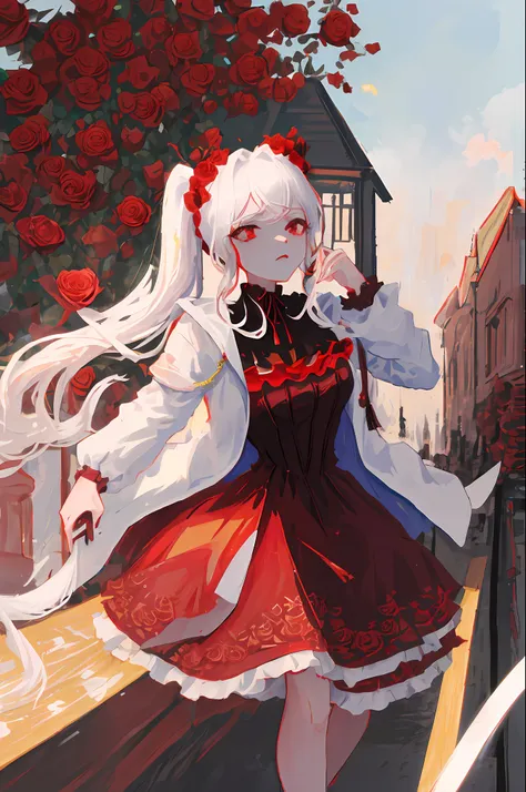 (absurdres, highres, ultra detailed),(masterpiece, best quality:1.2),1girl,white haired girl,red eyes, surrounded by roses,twin ...