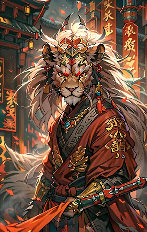 lion warriors, full body like，close-up of lion warrior holding a sword in the city, determined eyes，fierce，akira in chinese myth...