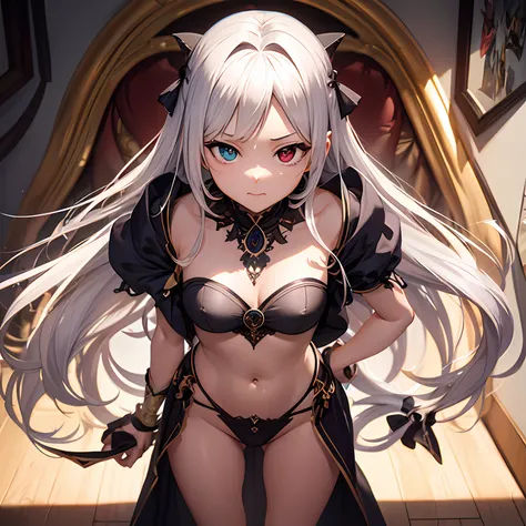 --2d anime --Anime --Primeiro trabalho --anime premiado, --Garota elfa (((--Heterocromia))) --Long white hair --Seductive standing pose --Small breasts --Small ass --Style "Loli", --Detailed digital art --High quality 8K --Detailed Artgerm --Aesthetic perf...