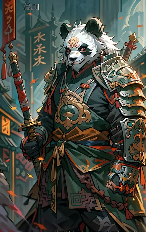 giant panda warrior, full body like，close-up of giant panda warrior holding a sword in the city, determined eyes，fierce，akira in...