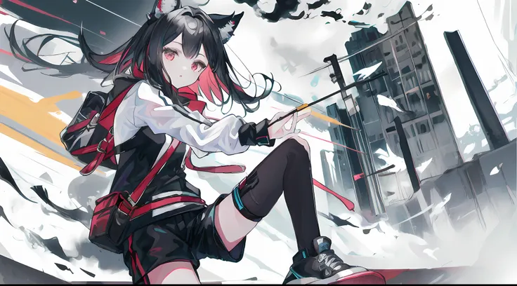 1girl, animal ears, dark hair, medium hair, arknights, intricate details, black shorts, sneakers, street