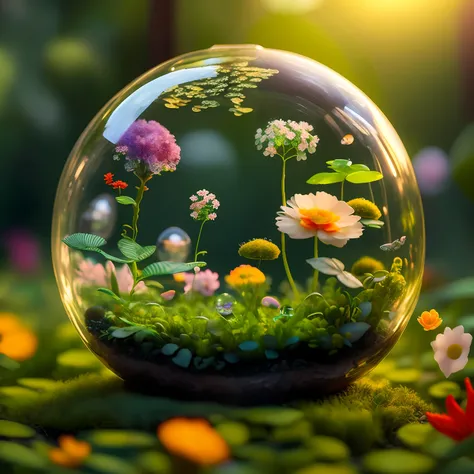 There is a glass ball on the table，There are flowers inside, on a mini world, beautiful detailed miniature, floral environment, diorama macro photography, ultra realistic 3d illustration, Miniature world, beautiful composition 3 - d 4 k, miniature forest, graphic of enchanted terrarium, fantasy magical vegetation, Beautiful garden on background, psychedelic floral planets, author：Jacob Kenin