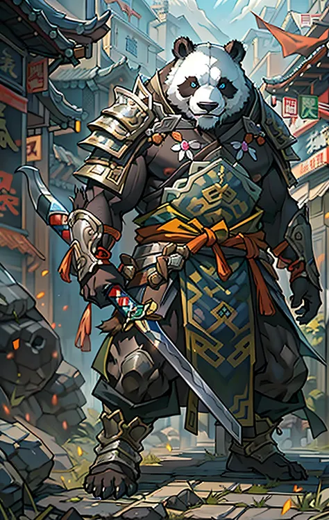 giant panda warrior, full body like，close-up of giant panda warrior holding a sword in the city, determined eyes，fierce，akira in...