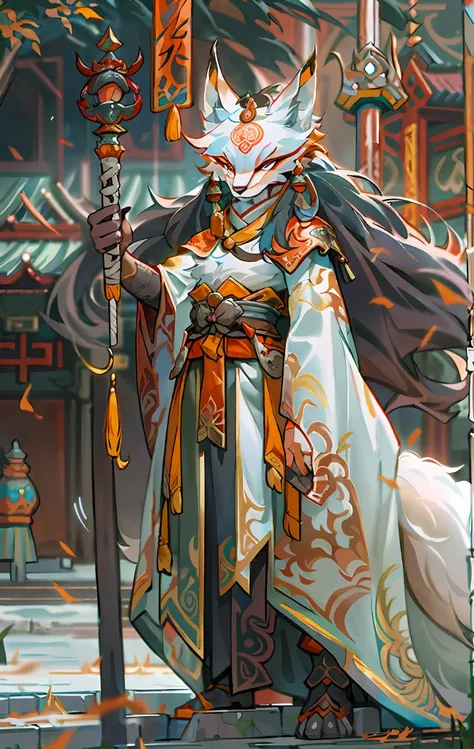 fox mage, full body like，close-up of the fox mage in the city, seductive eyes，fierce，akira in chinese mythology, an epic majesti...