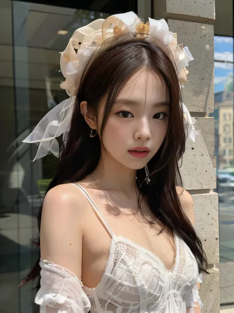 (1girl:1.3), solo, __body-parts__, kim ji-ni jennie face, wearing a white slip dress, cute