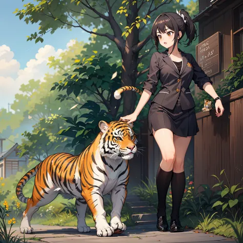 Cute Kung-fu girl and mini chubby tiger cub , funny walk together