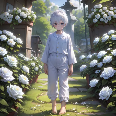 4K), Cute 7 year old little boy with white hair and barefoot and romper pajamas, He stands in a field of flowers and shows his feet, which is covered with white roses, und betet, Regentag, Nebel Licht, Impressionismus, 2D, (Dornen: 1.1), (toter Baum: 1.1) ...