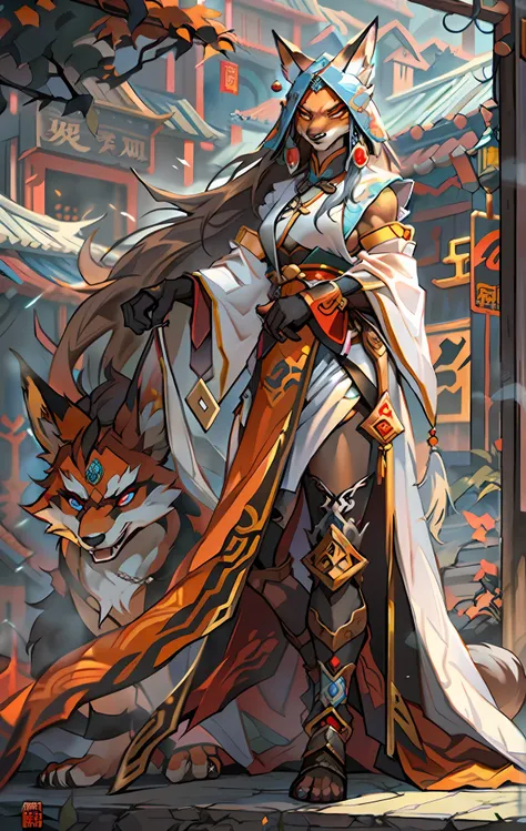 fox mage, full body like，close-up of the fox mage in the city, seductive eyes，fierce，akira in chinese mythology, an epic majesti...