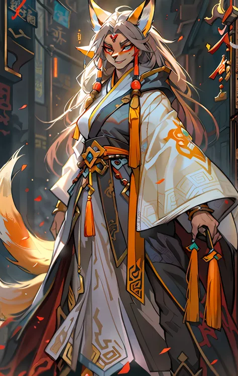 fox mage, full body like，close-up of the fox mage in the city, seductive eyes，fierce，akira in chinese mythology, an epic majesti...