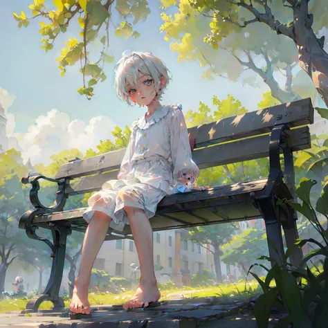 4K), Cute 7 year old little boy with white hair and barefoot and romper pajamas, He sits on a bench in the park and shows his feet, und betet, Regentag, Nebel Licht, Impressionismus, 2D, (Dornen: 1.1), (toter Baum: 1.1) Focused on the feet,