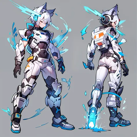Game CG,4K quality,((younge boy)),juvenile sense,Anime male protagonist,Wolf ears,agony,goggles,Tech earmuffs,White-blue unibody mech set,White armored gloves,Racing boots,Fight,ventania,Light effects,Full body like,injury,lie,fell,Battle damage,Defeat,dyi...